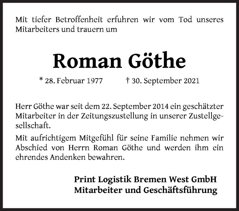  Traueranzeige für Roman Göthe vom 09.10.2021 aus WESER-KURIER