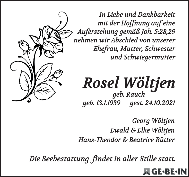 Traueranzeige von Rosel Wöltjen von WESER-KURIER