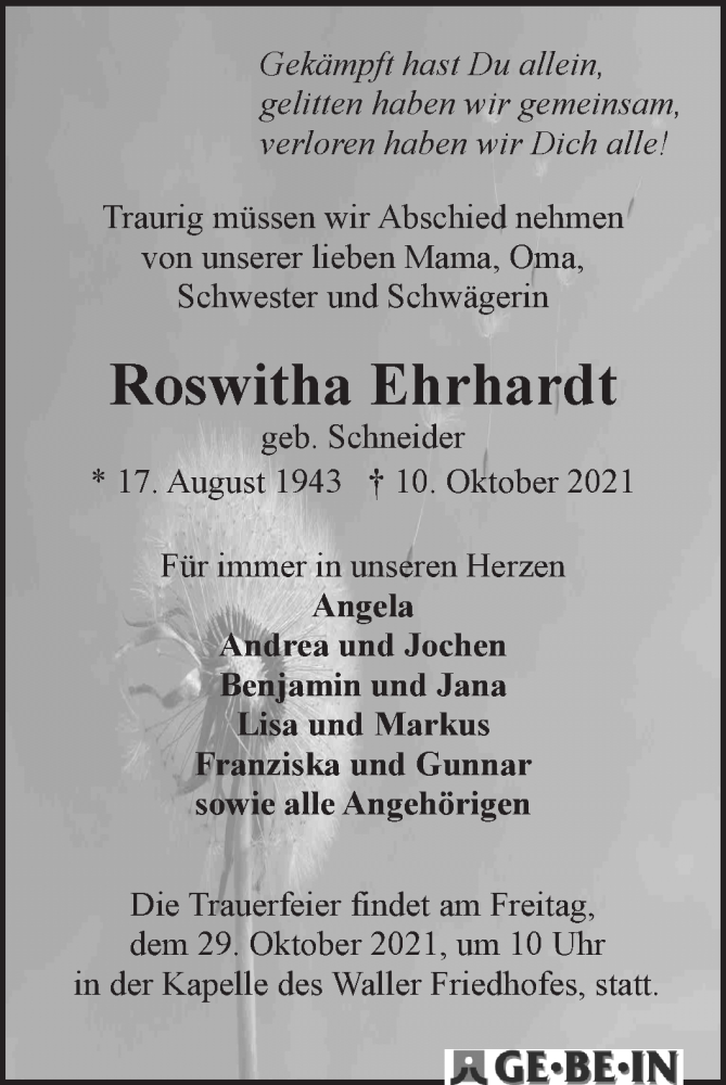  Traueranzeige für Roswitha Ehrhardt vom 16.10.2021 aus WESER-KURIER