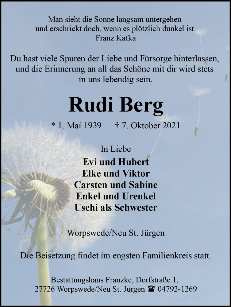  Traueranzeige für Rudi Berg vom 13.10.2021 aus Wuemme Zeitung