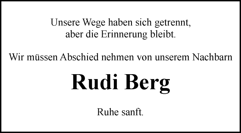  Traueranzeige für Rudi Berg vom 13.10.2021 aus Wuemme Zeitung
