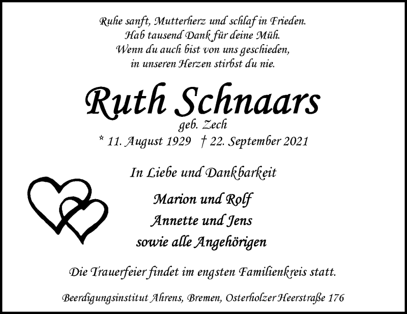 Traueranzeige von Ruth Schnaars von WESER-KURIER