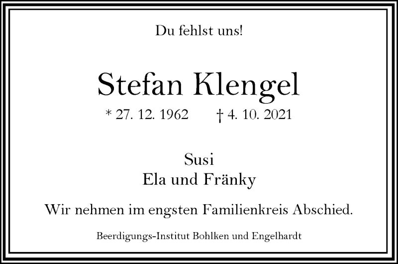  Traueranzeige für Stefan Klengel vom 09.10.2021 aus WESER-KURIER