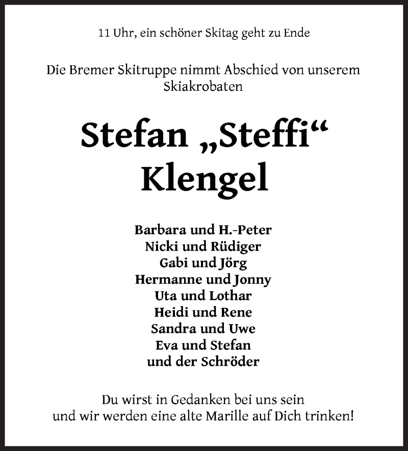 Traueranzeige für Stefan Klengel vom 16.10.2021 aus WESER-KURIER
