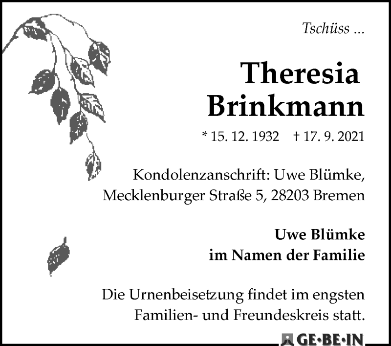Traueranzeige von Theresia Brinkmann von WESER-KURIER