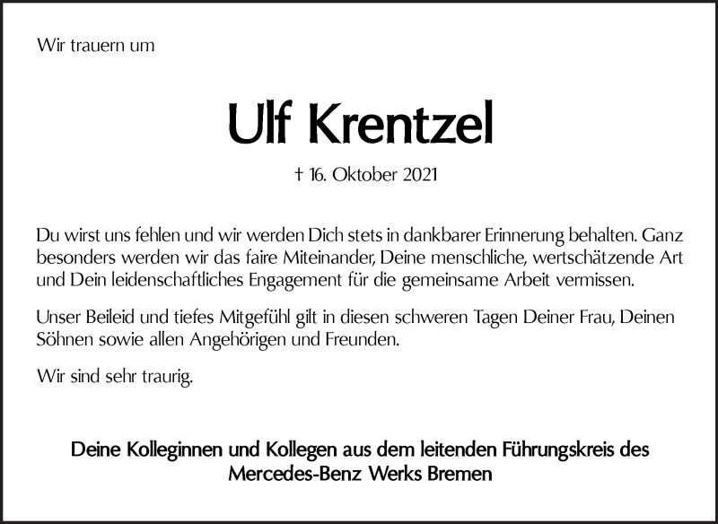  Traueranzeige für Ulf Krentzel vom 23.10.2021 aus WESER-KURIER