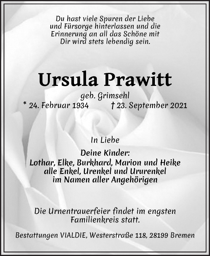  Traueranzeige für Ursula Prawitt vom 02.10.2021 aus WESER-KURIER