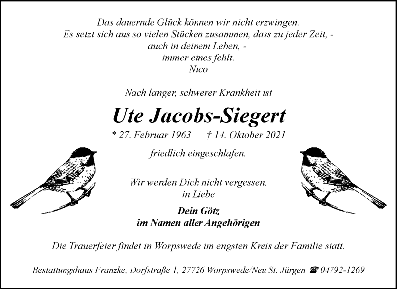  Traueranzeige für Ute Jacobs-Siegert vom 23.10.2021 aus Osterholzer Kreisblatt