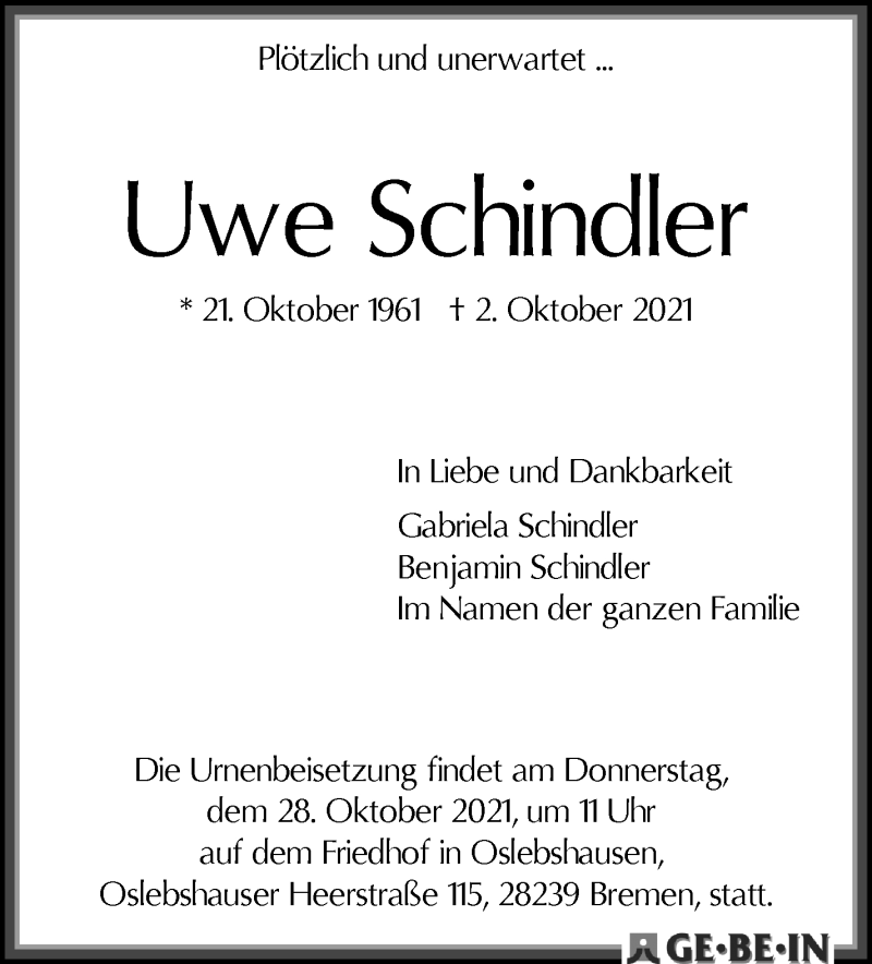  Traueranzeige für Uwe Schindler vom 09.10.2021 aus WESER-KURIER