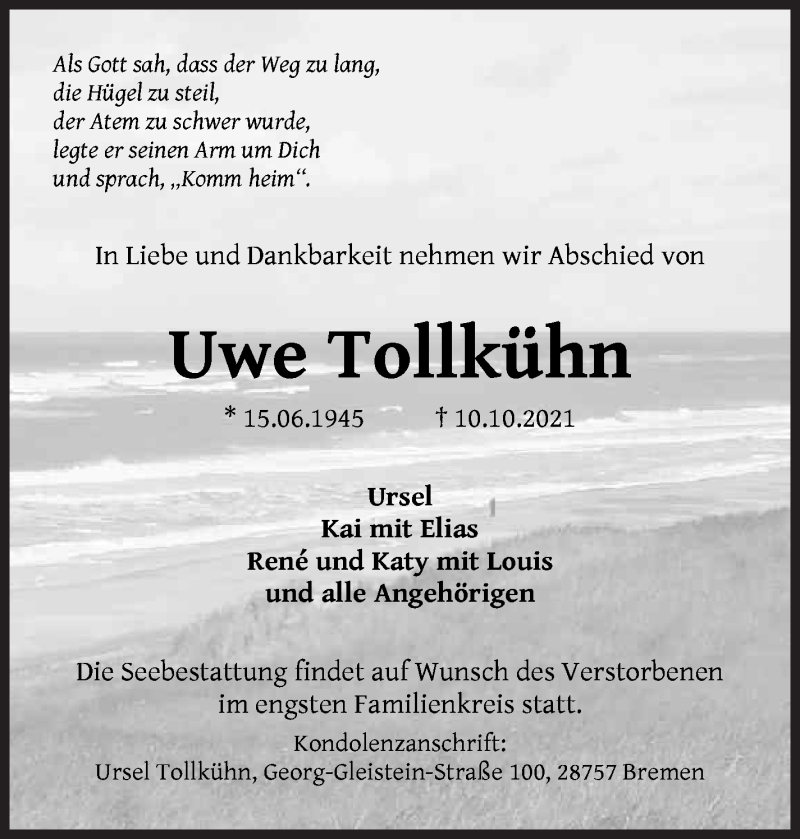  Traueranzeige für Uwe Tollkühn vom 16.10.2021 aus WESER-KURIER