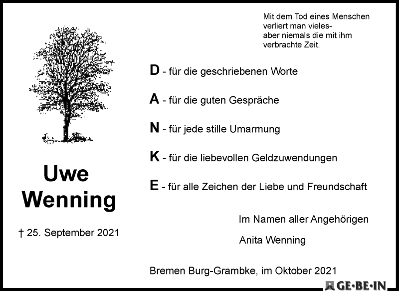 Traueranzeige von Uwe Wenning von Die Norddeutsche