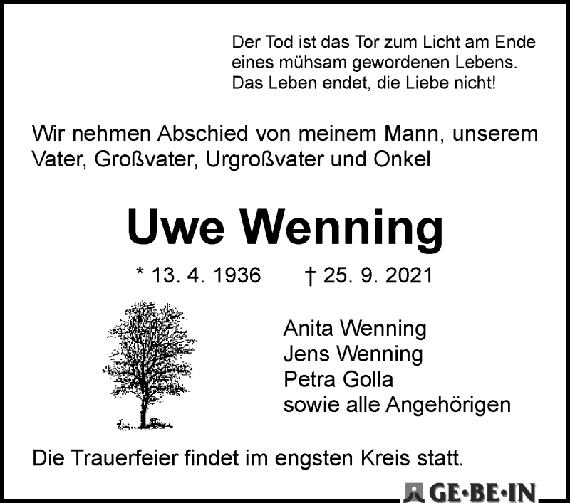 Traueranzeige von Uwe Wenning von WESER-KURIER
