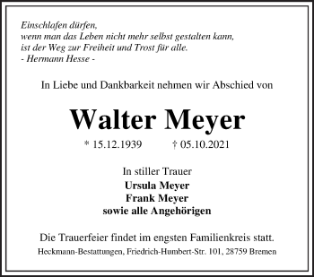 Traueranzeige von Walter Meyer von WESER-KURIER