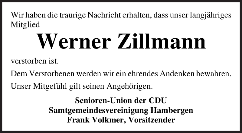 Traueranzeige von Werner Zillmann von Osterholzer Kreisblatt