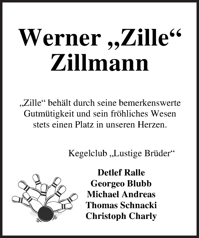 Traueranzeige von Werner Zillmann von Osterholzer Kreisblatt