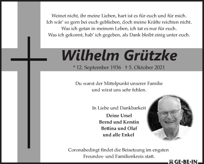  Traueranzeige für Wilhelm Grützke vom 16.10.2021 aus WESER-KURIER