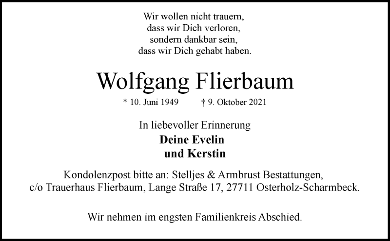  Traueranzeige für Wolfgang Flierbaum vom 12.10.2021 aus Osterholzer Kreisblatt