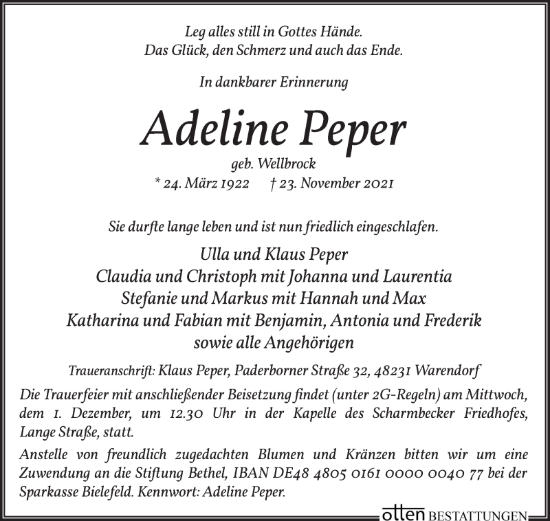 Traueranzeige von Adeline Peper von Osterholzer Kreisblatt