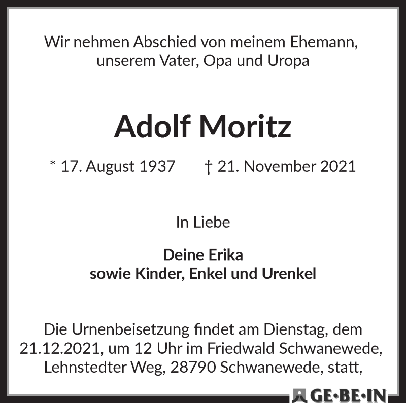  Traueranzeige für Adolf Moritz vom 27.11.2021 aus WESER-KURIER