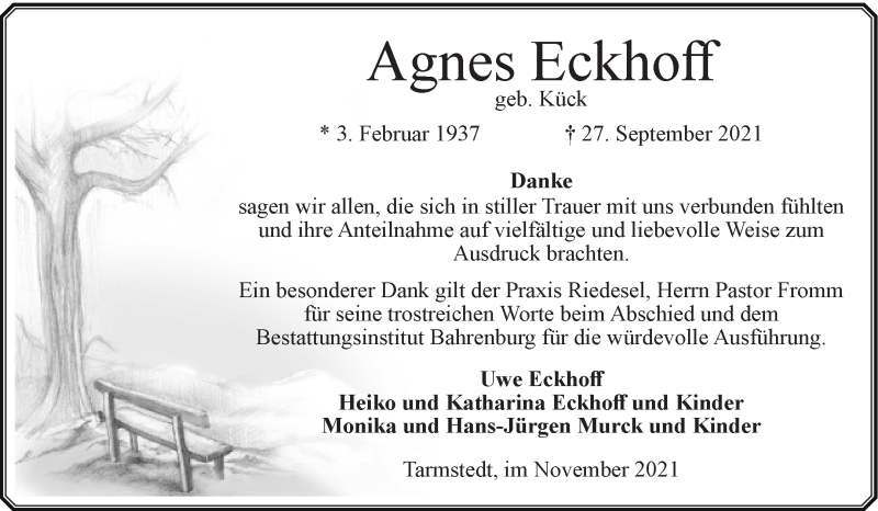 Traueranzeige von Agnes Eckhoff von Wuemme Zeitung