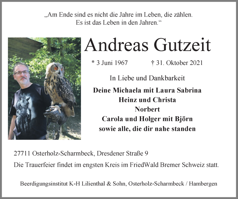  Traueranzeige für Andreas Gutzeit vom 06.11.2021 aus Osterholzer Kreisblatt