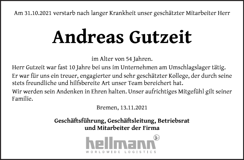  Traueranzeige für Andreas Gutzeit vom 13.11.2021 aus Osterholzer Kreisblatt