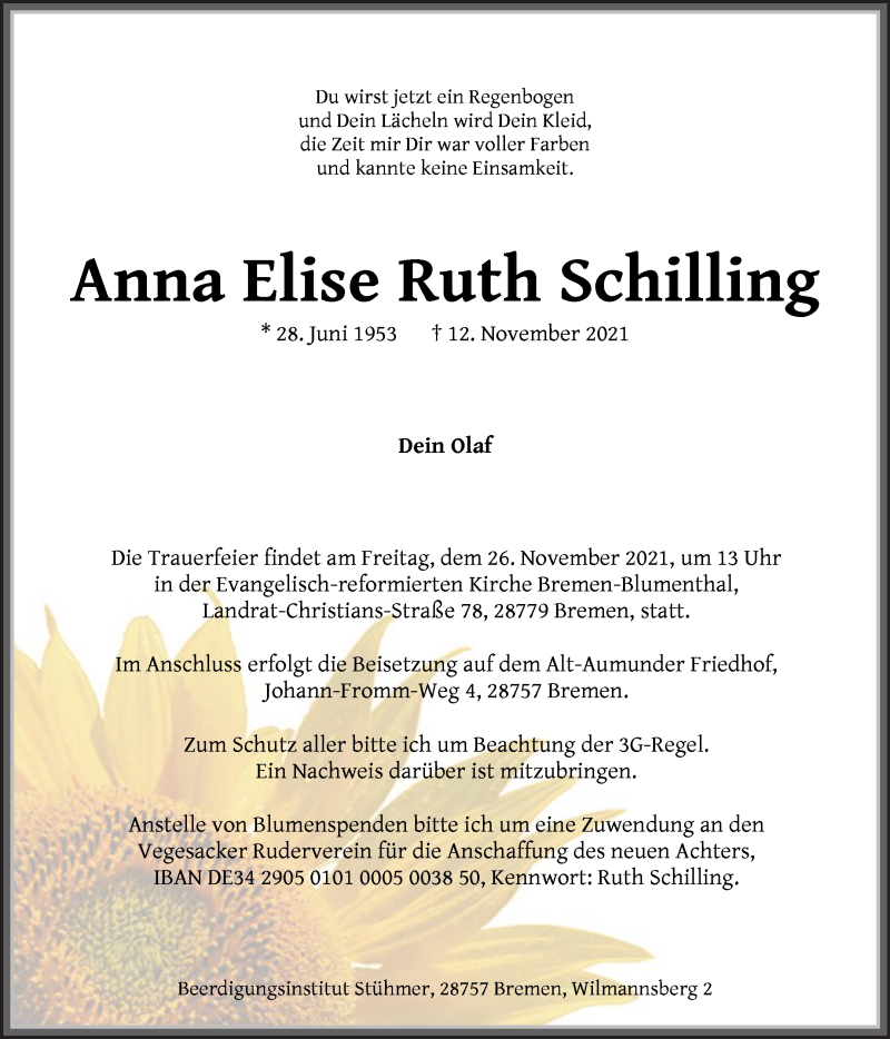  Traueranzeige für Anna Elise Ruth  Schilling vom 20.11.2021 aus Die Norddeutsche