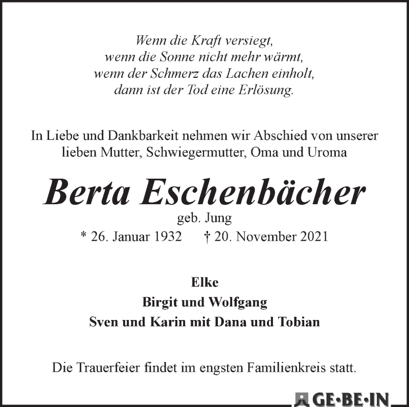  Traueranzeige für Berta Eschenbächer vom 27.11.2021 aus WESER-KURIER