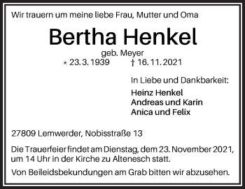 Traueranzeige von Bertha Henkel von Die Norddeutsche