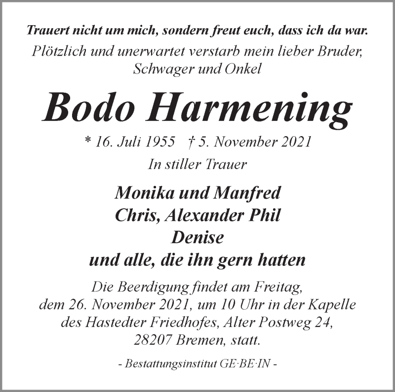  Traueranzeige für Bodo Harmening vom 13.11.2021 aus WESER-KURIER