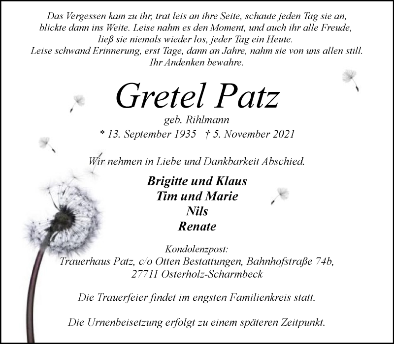  Traueranzeige für Gretel Patz vom 13.11.2021 aus Osterholzer Kreisblatt