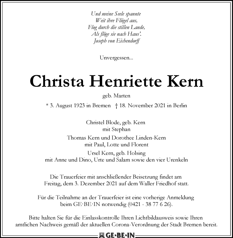  Traueranzeige für Christa Henriette Kern vom 27.11.2021 aus WESER-KURIER