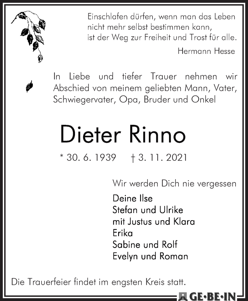 Traueranzeige von Dieter Rinno von WESER-KURIER