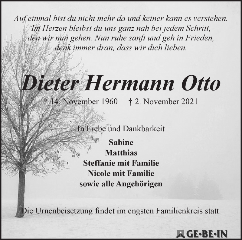  Traueranzeige für Dieter Hermann Otto vom 13.11.2021 aus WESER-KURIER