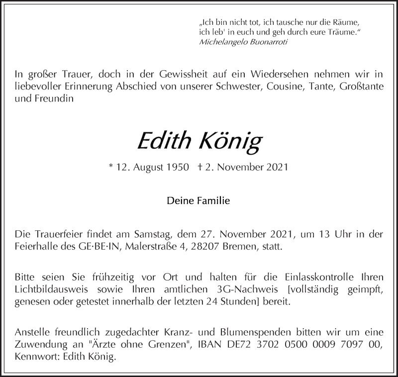  Traueranzeige für Edith König vom 24.11.2021 aus WESER-KURIER