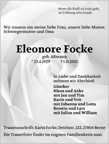 Traueranzeige von Eleonore Focke von Die Norddeutsche