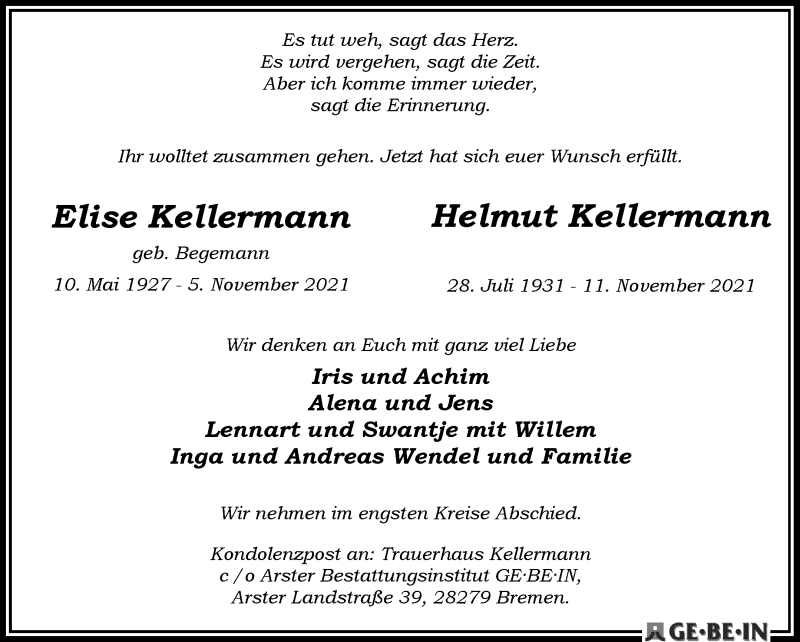 Traueranzeige von Elise und Helmut Kellermann von WESER-KURIER