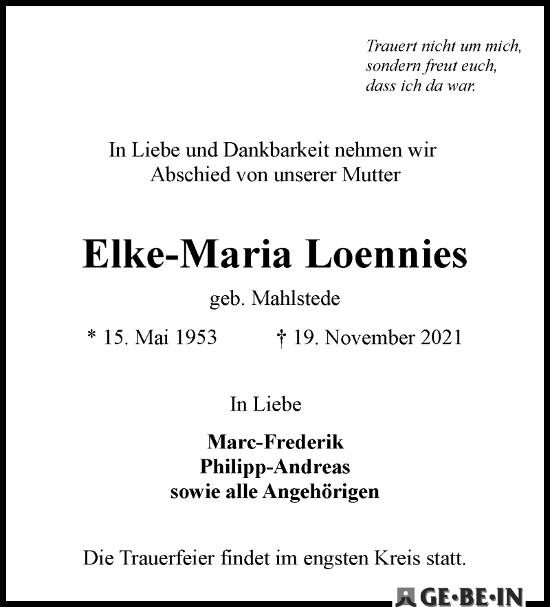  Traueranzeige für Elke-Maria Loennies vom 27.11.2021 aus WESER-KURIER