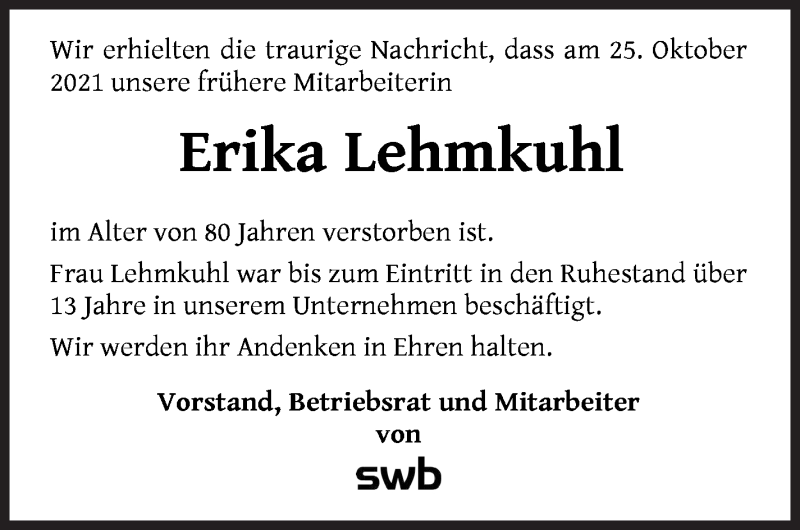 Traueranzeige für Erika Lehmkuhl vom 06.11.2021 aus WESER-KURIER