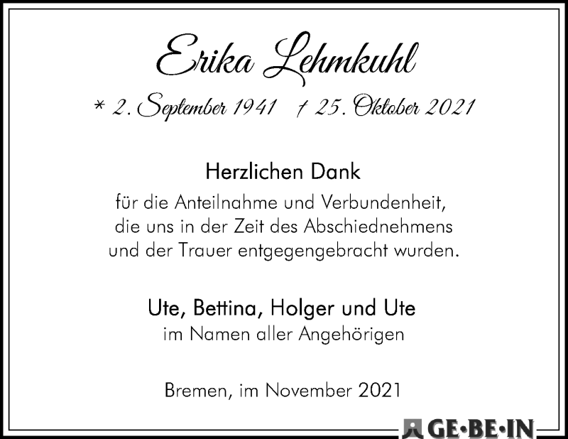  Traueranzeige für Erika Lehmkuhl vom 27.11.2021 aus WESER-KURIER
