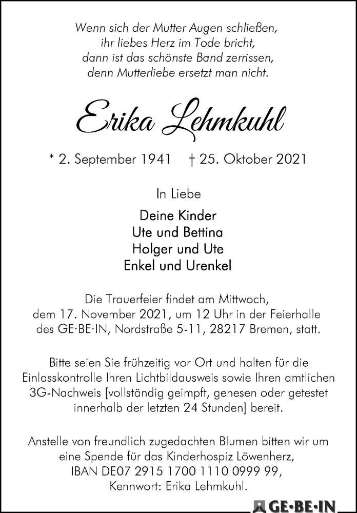  Traueranzeige für Erika Lehmkuhl vom 06.11.2021 aus WESER-KURIER
