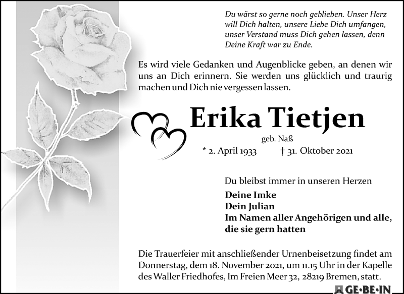  Traueranzeige für Erika Tietjen vom 06.11.2021 aus WESER-KURIER