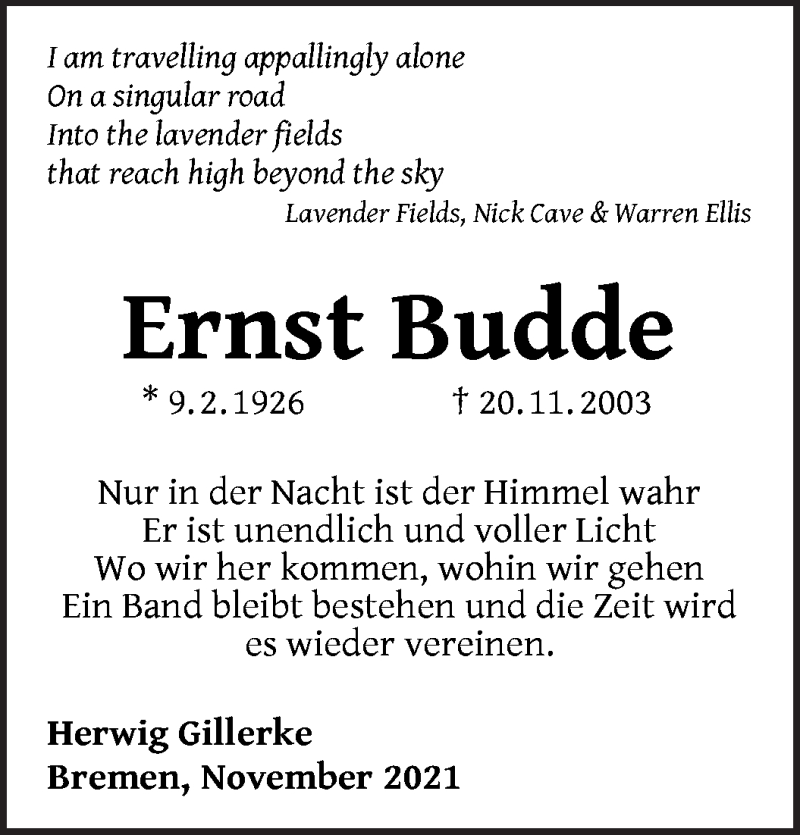 Traueranzeige von Ernst Budde von WESER-KURIER