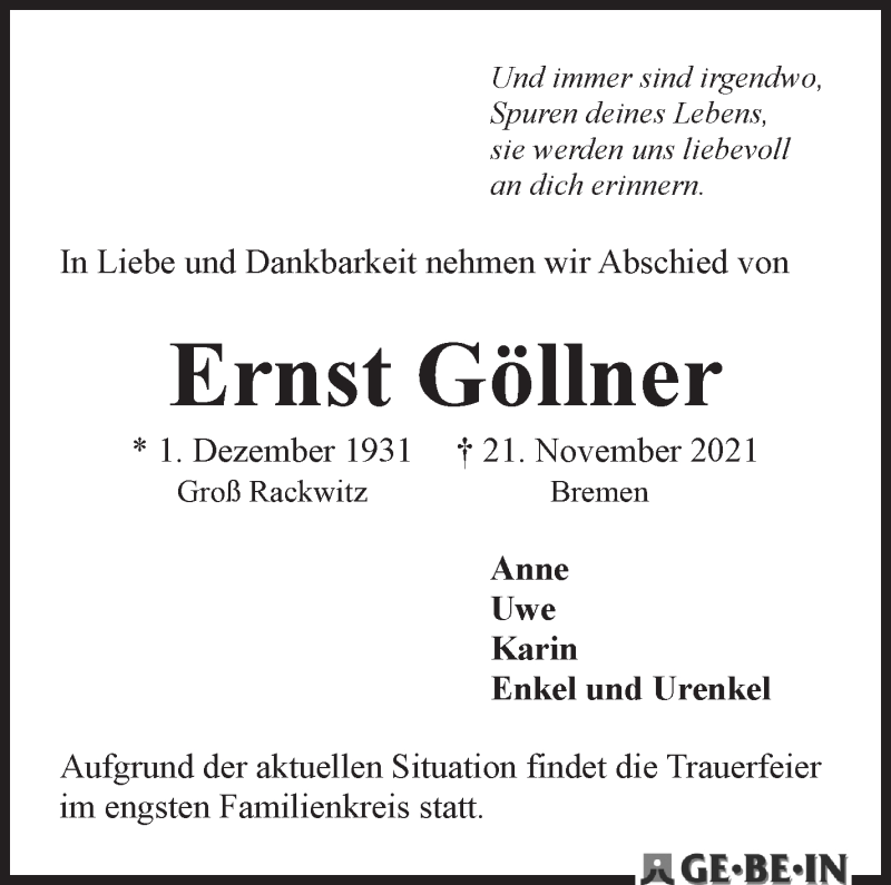 Traueranzeige von Ernst Göllner von WESER-KURIER