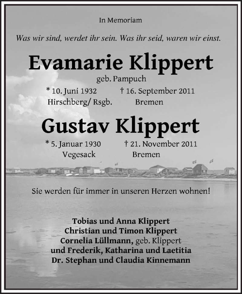  Traueranzeige für Evamarie und Gustav Klippert vom 27.11.2021 aus WESER-KURIER