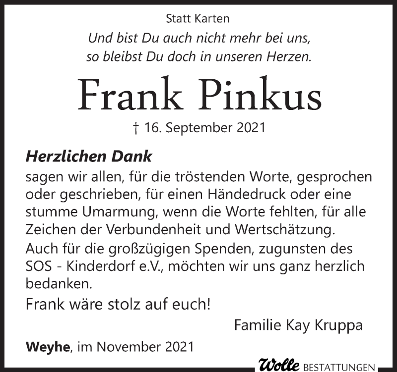  Traueranzeige für Frank Pinkus vom 20.11.2021 aus WESER-KURIER