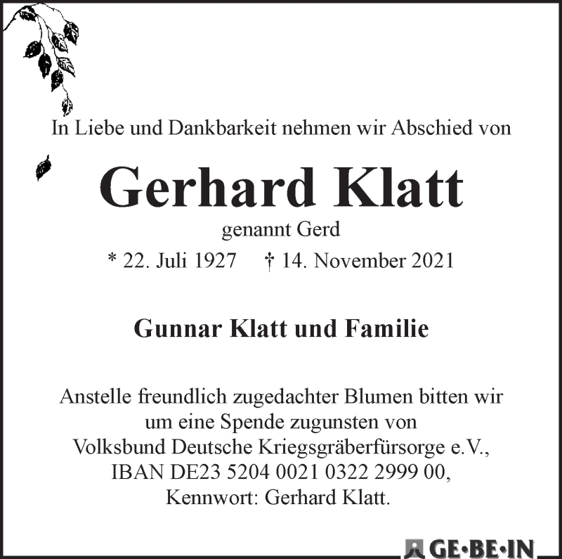  Traueranzeige für Gerhard Klatt vom 20.11.2021 aus WESER-KURIER