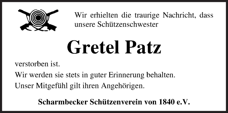  Traueranzeige für Gretel Patz vom 16.11.2021 aus Osterholzer Kreisblatt