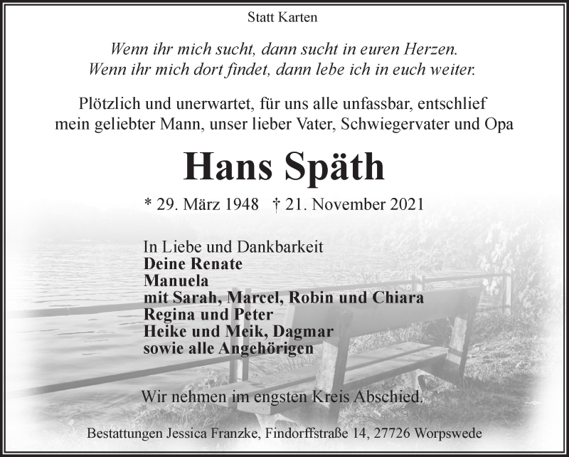  Traueranzeige für Hans Späth vom 24.11.2021 aus Osterholzer Kreisblatt