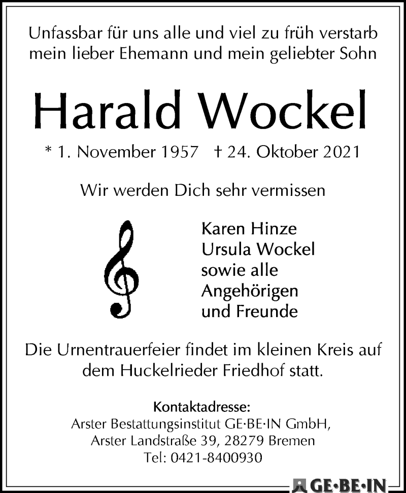  Traueranzeige für Harald Wockel vom 06.11.2021 aus WESER-KURIER
